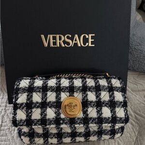 Versace Black & White Tweed Shoulder Bag with Gold Medallion